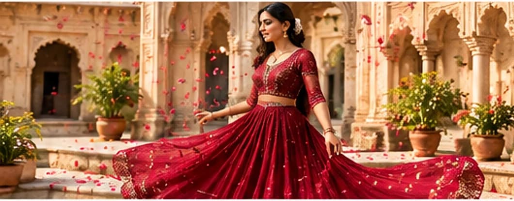 A woman in a red lehenga twirling in a palace courtyard as rose petals fall