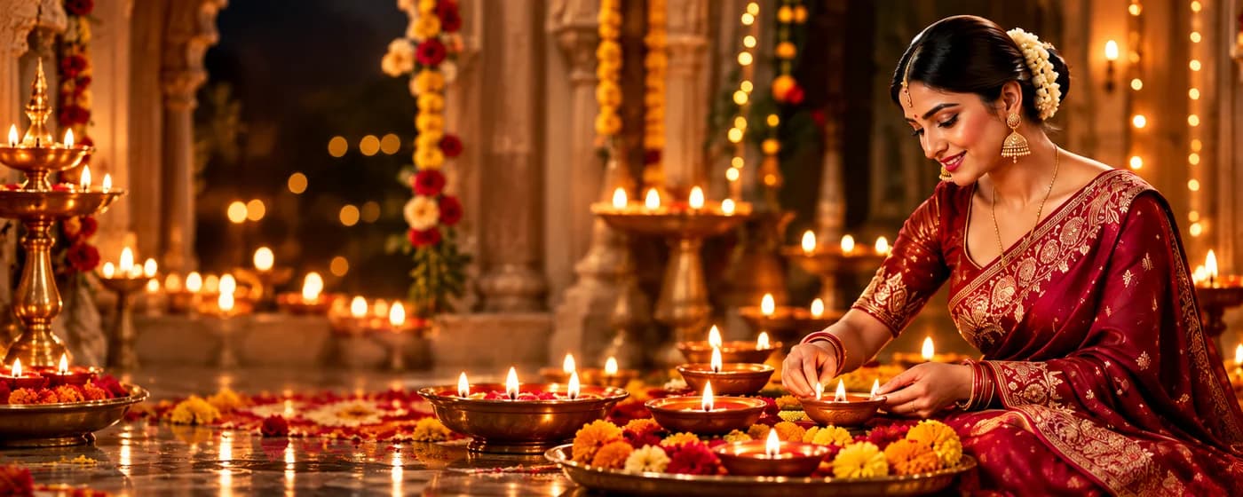 A woman in a red silk saree lighting diyas in a temple courtyard on Diwali