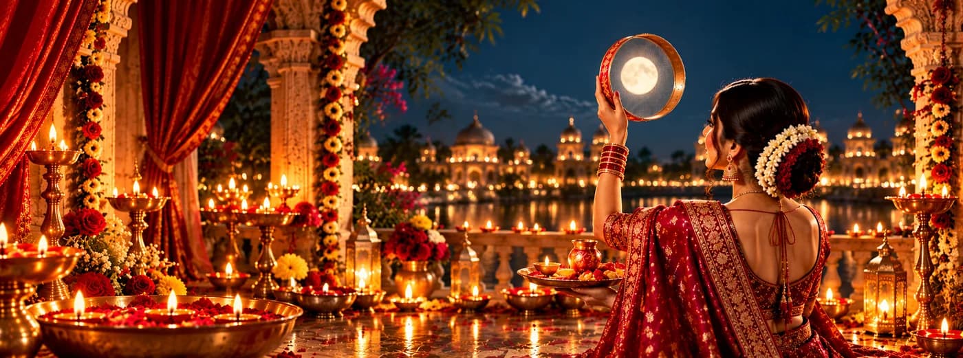 A woman in a red saree holding a sieve up to the full moon on Karva Chauth