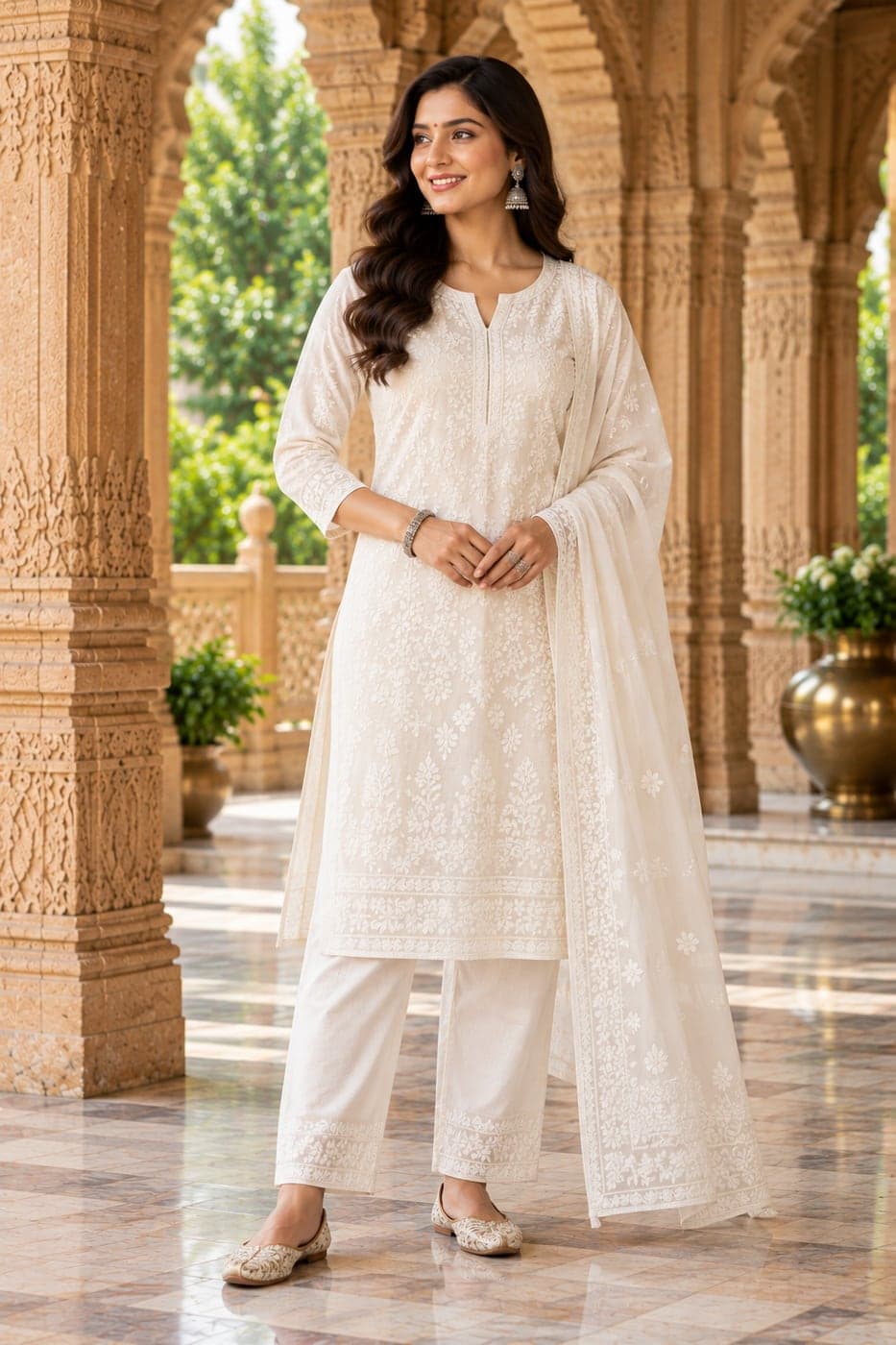 A woman in a cream chikankari kurta with white-on-white floral embroidery, matching trousers and a sheer embroidered dupatta