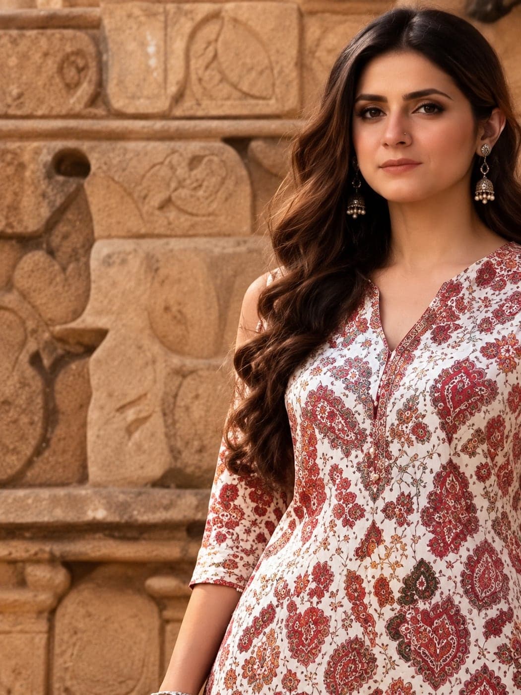A woman in a cream cotton co-ord set with a red and ochre block-printed pattern, beside carved sandstone