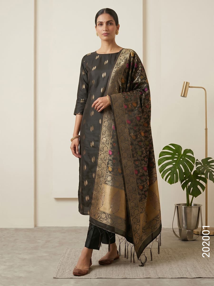 Black katan silk zari buti suit with kinkhab dupatta