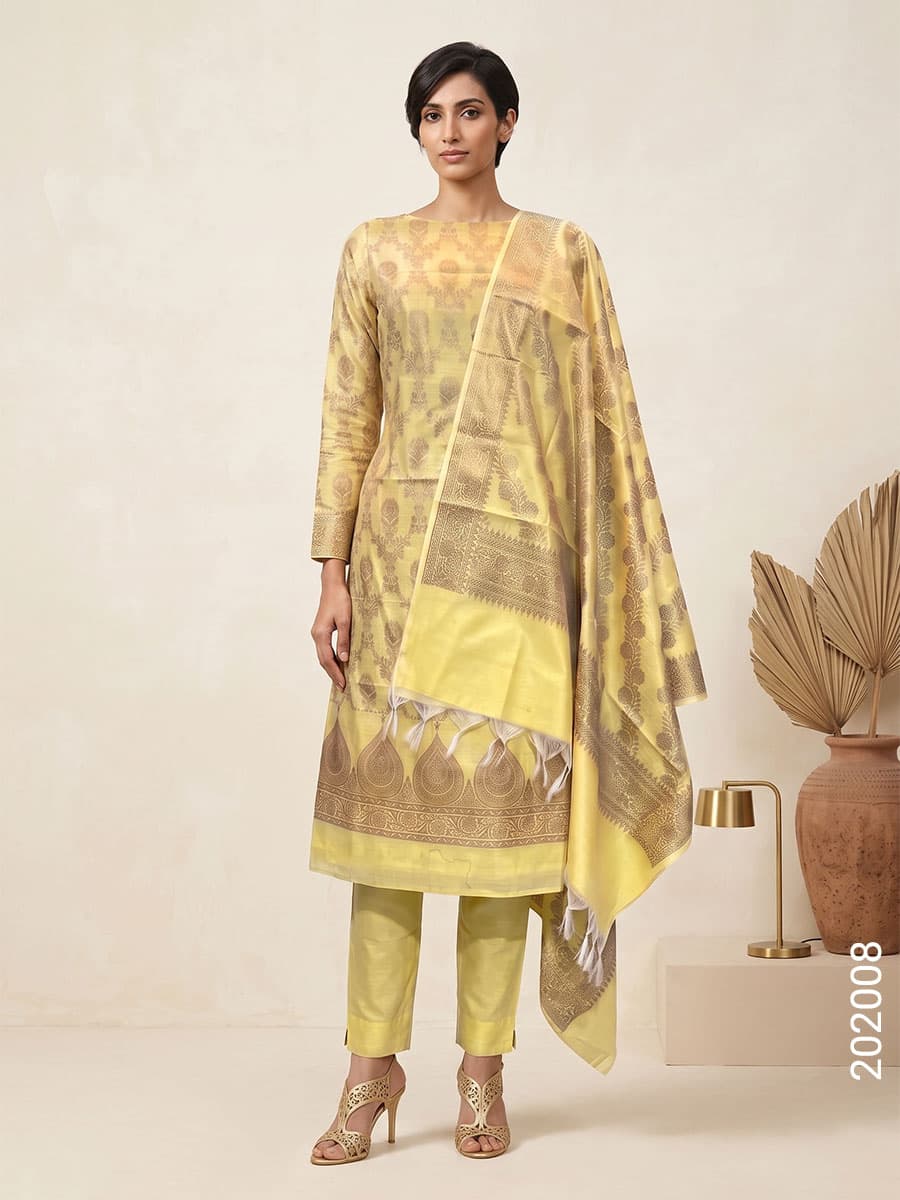 Yellow cotton silk zari jaal suit with cotton silk dupatta