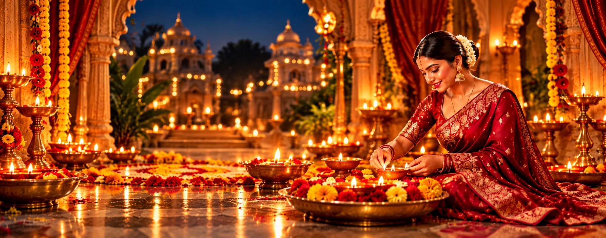 A woman dressed for Diwali in a red and gold silk saree