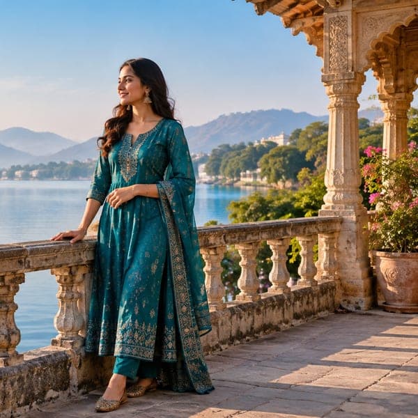 A woman in a teal kurta on a stone balcony above a lake at dusk