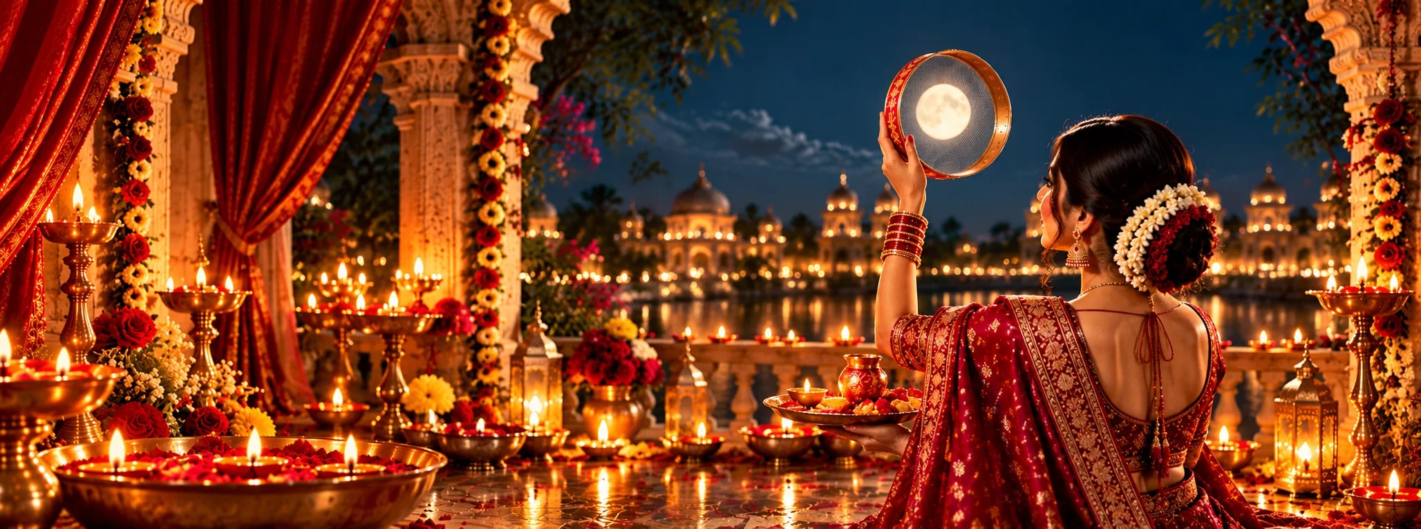 A woman dressed for Karva Chauth in a red and gold silk saree