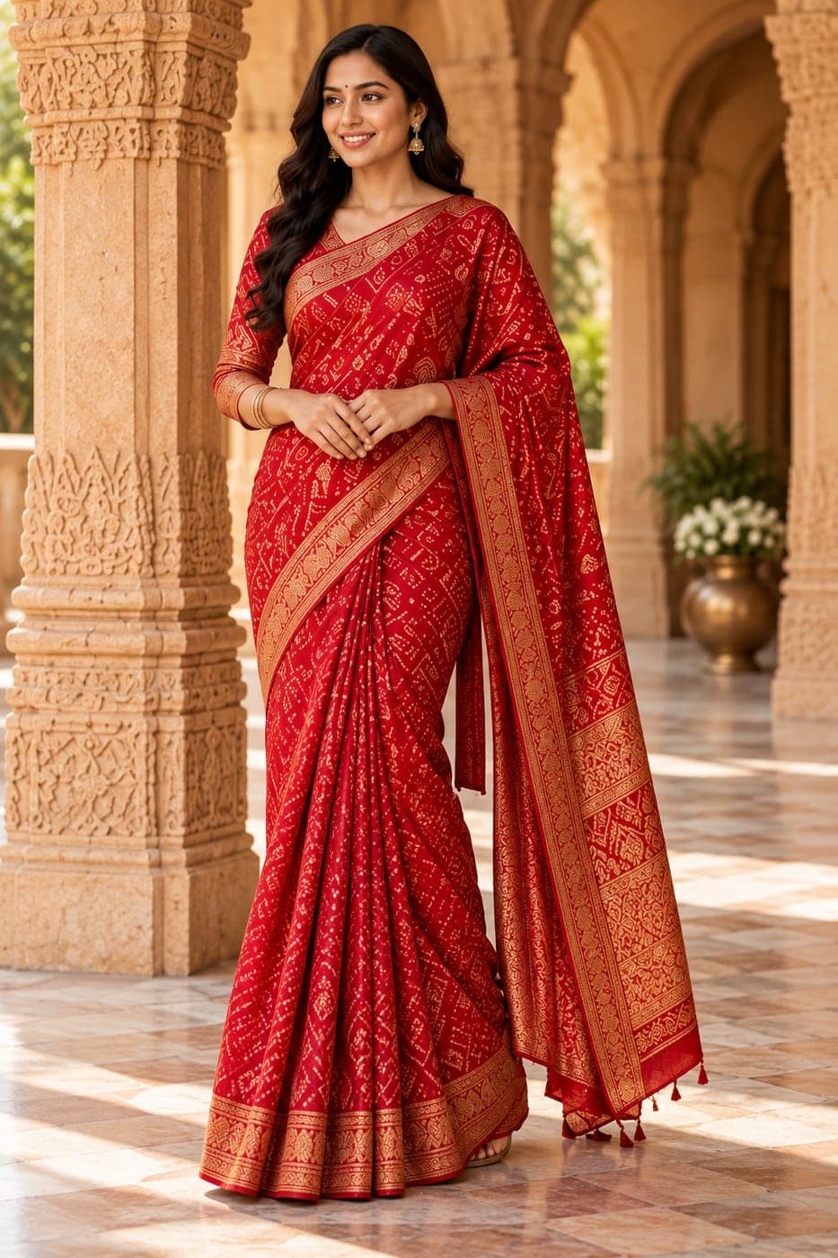 A woman wearing a red tie-dye saree with woven gold zari borders, beside a carved sandstone pillar