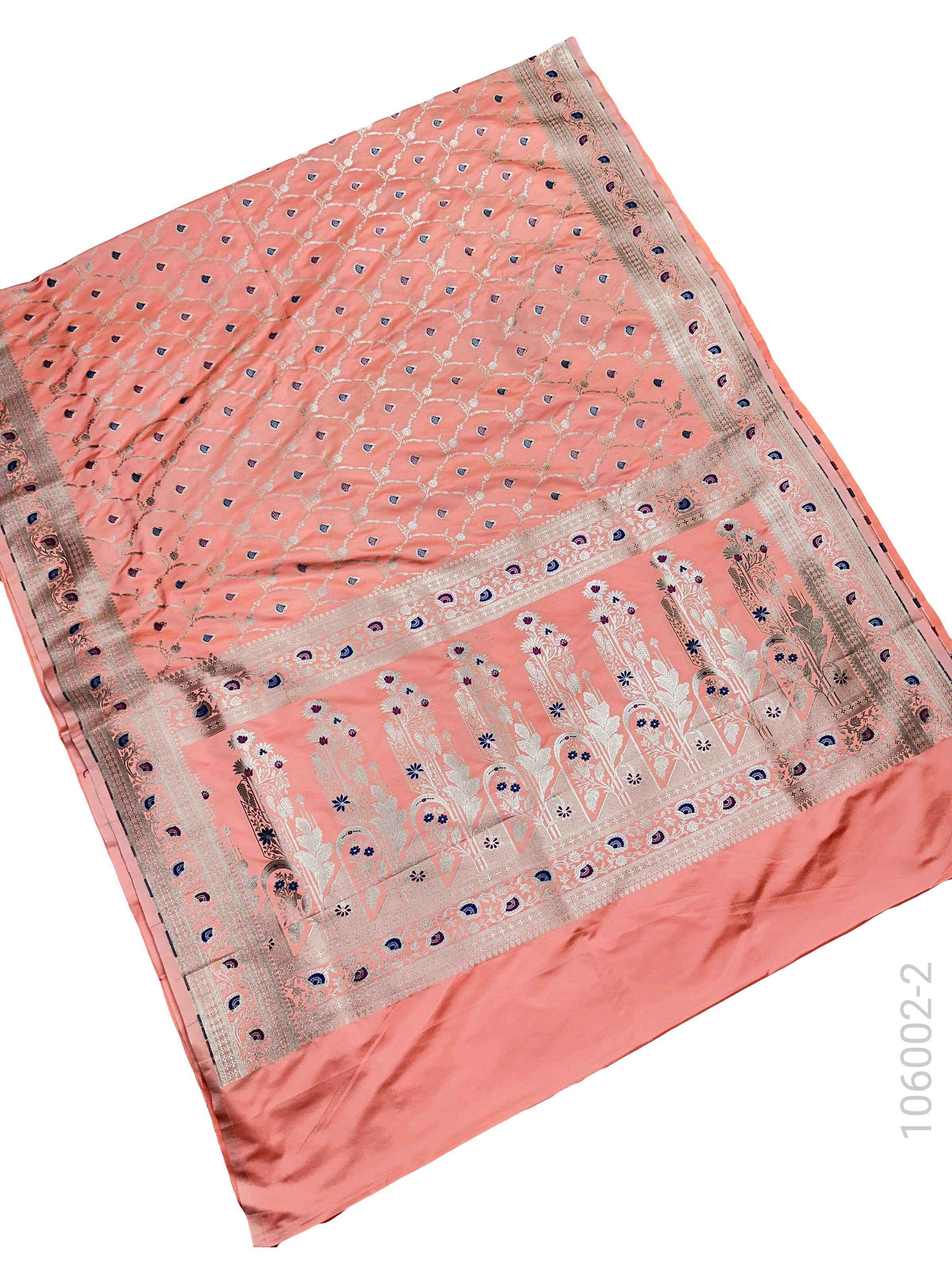 Peach mashru silk resham and zari jaal saree