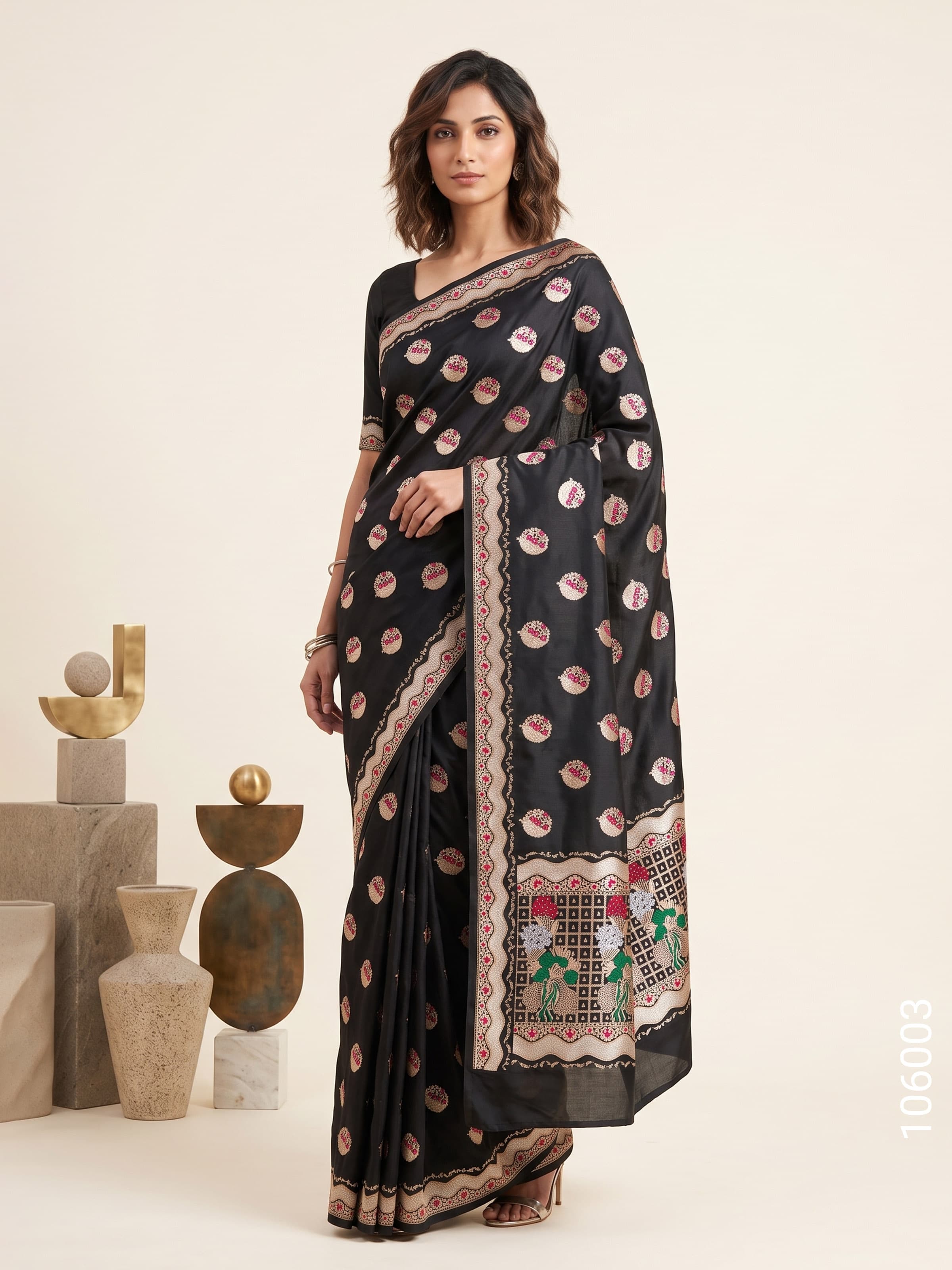 Black mashru silk resham and zari alfi buta saree