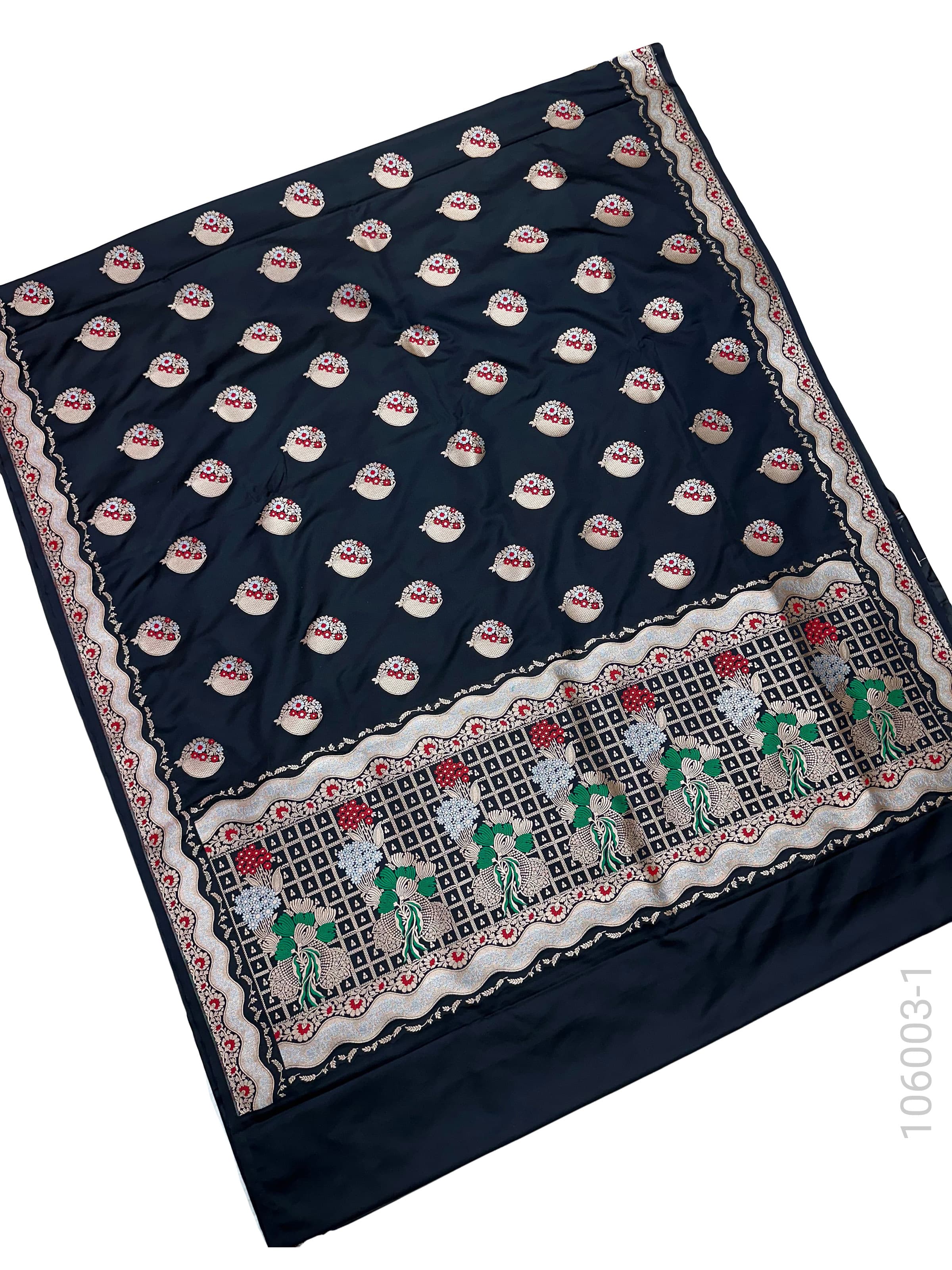 Black mashru silk resham and zari alfi buta saree