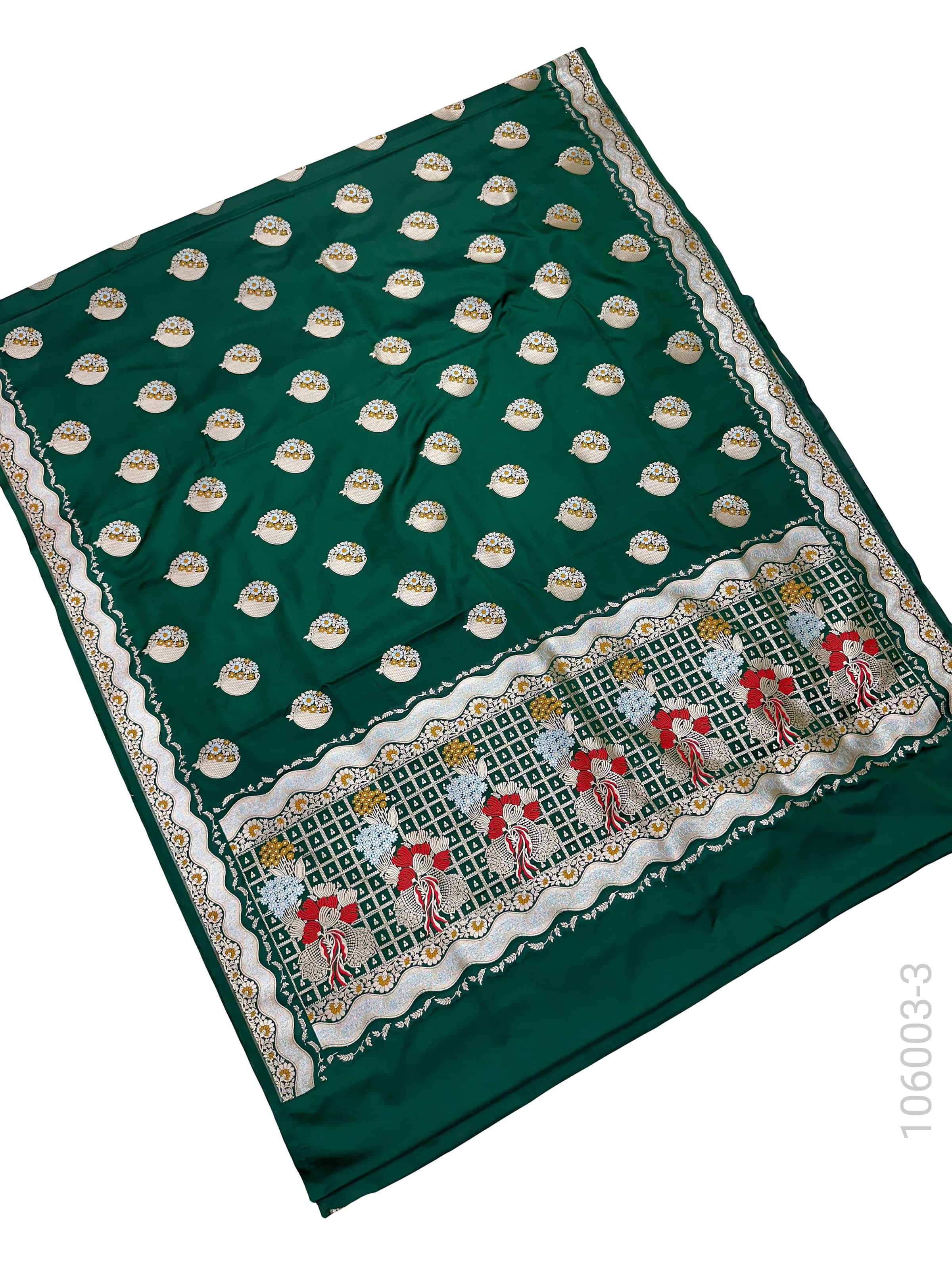 Emerald Green mashru silk resham and zari alfi buta saree
