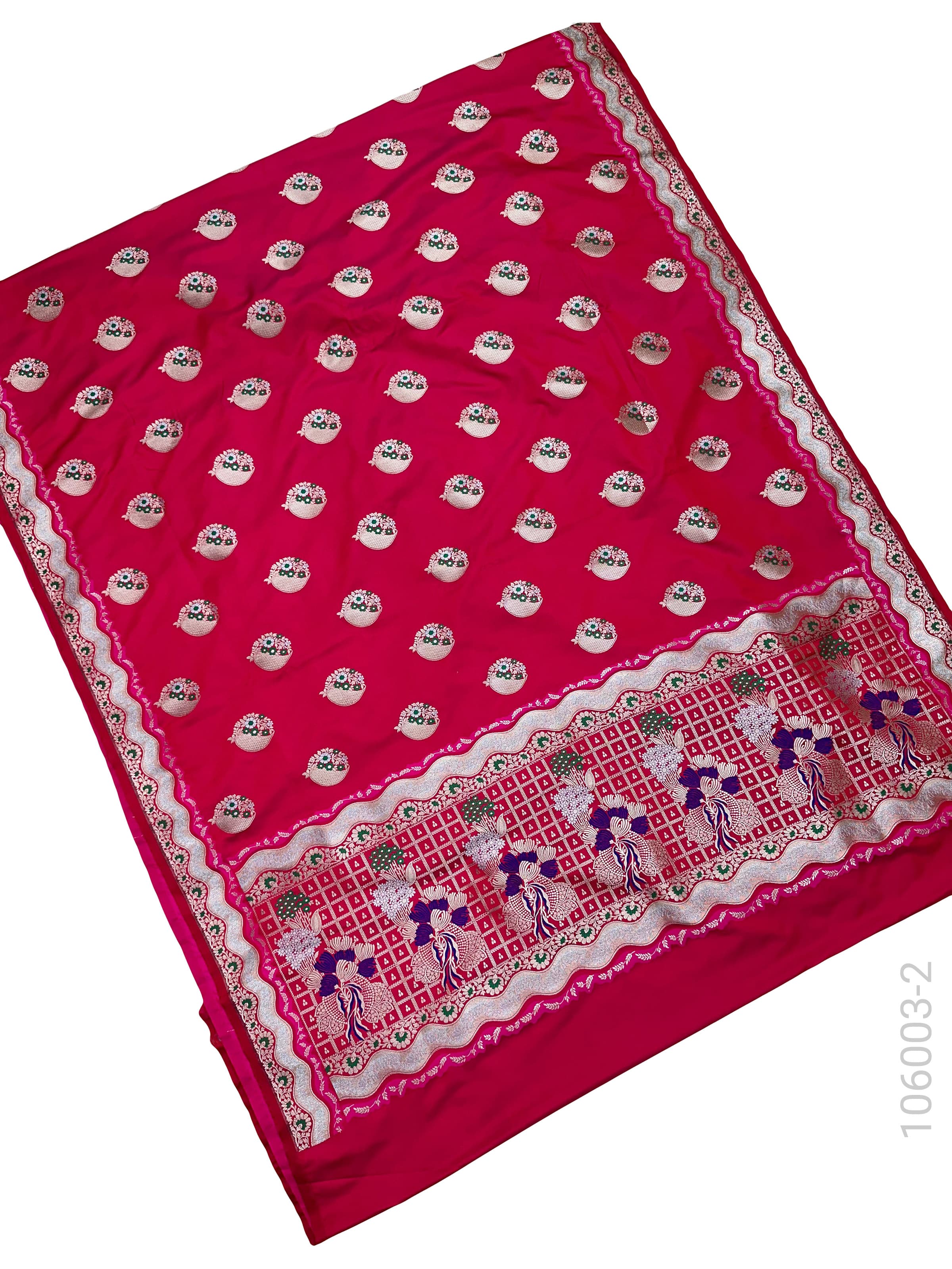 Red mashru silk resham and zari alfi buta saree