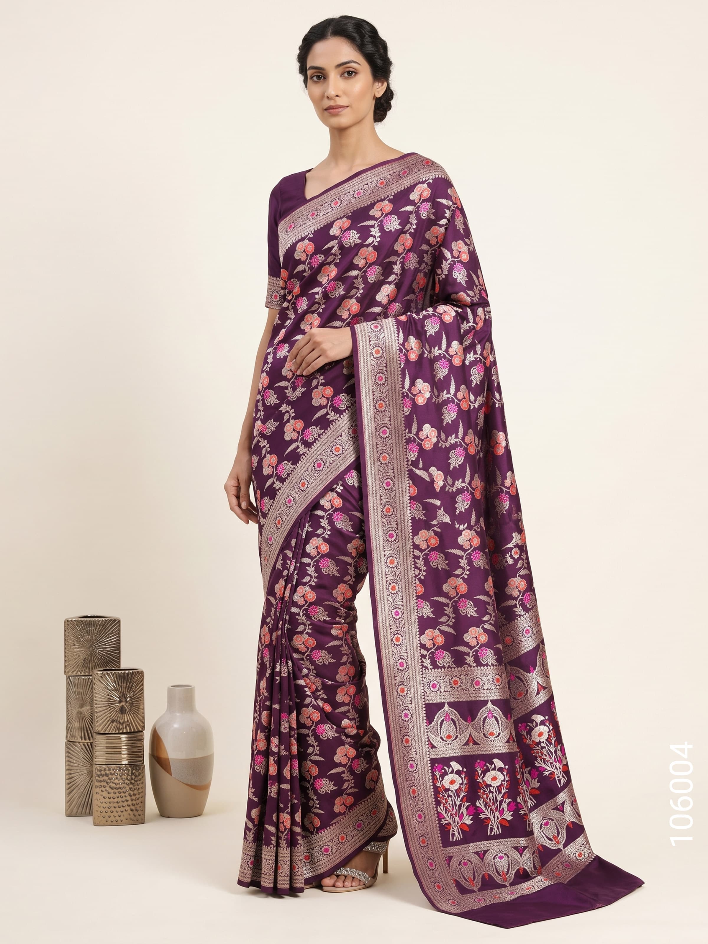 Dark Violet mashru silk resham and zari alfi jaal saree