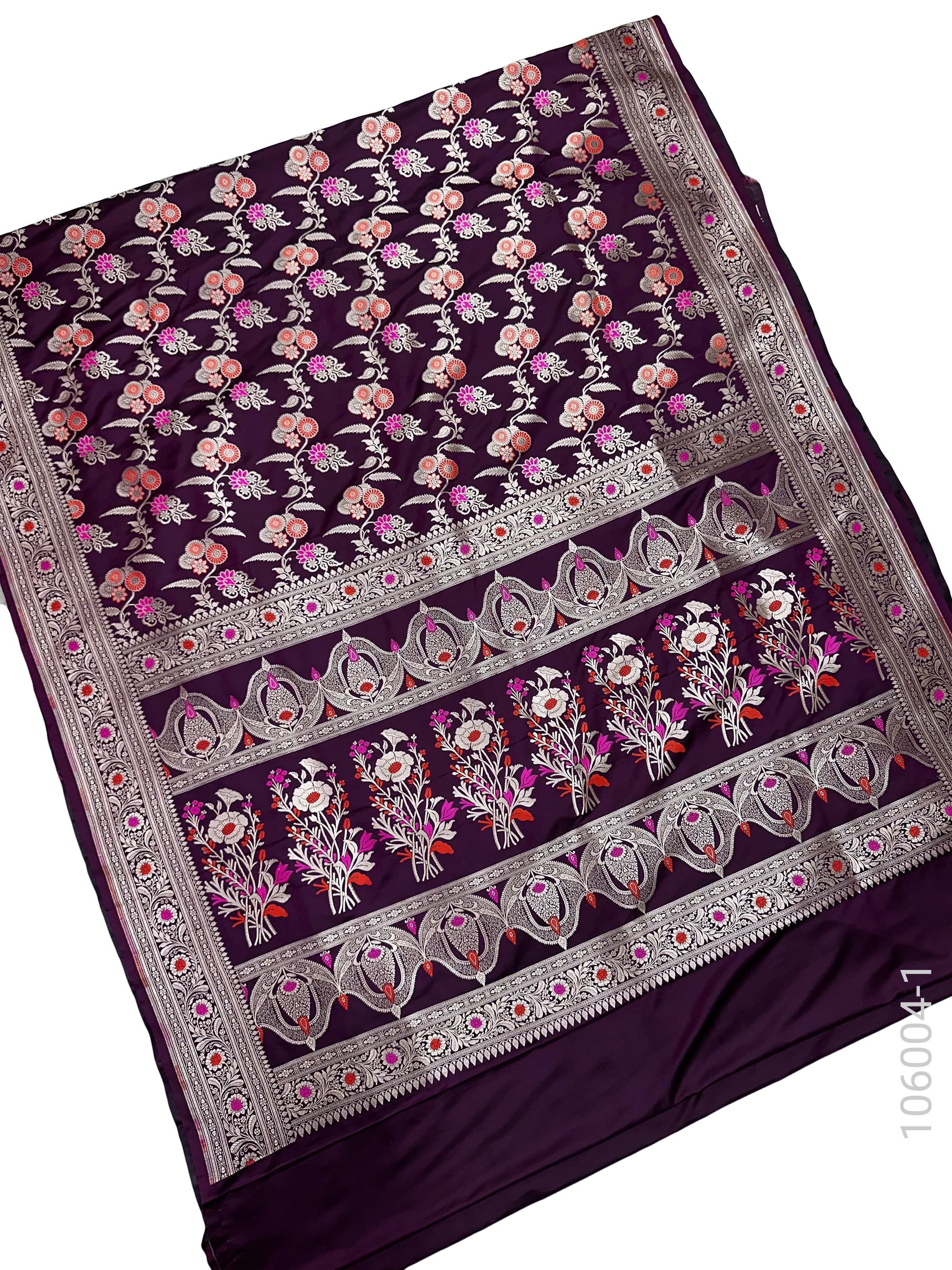 Dark Violet mashru silk resham and zari alfi jaal saree