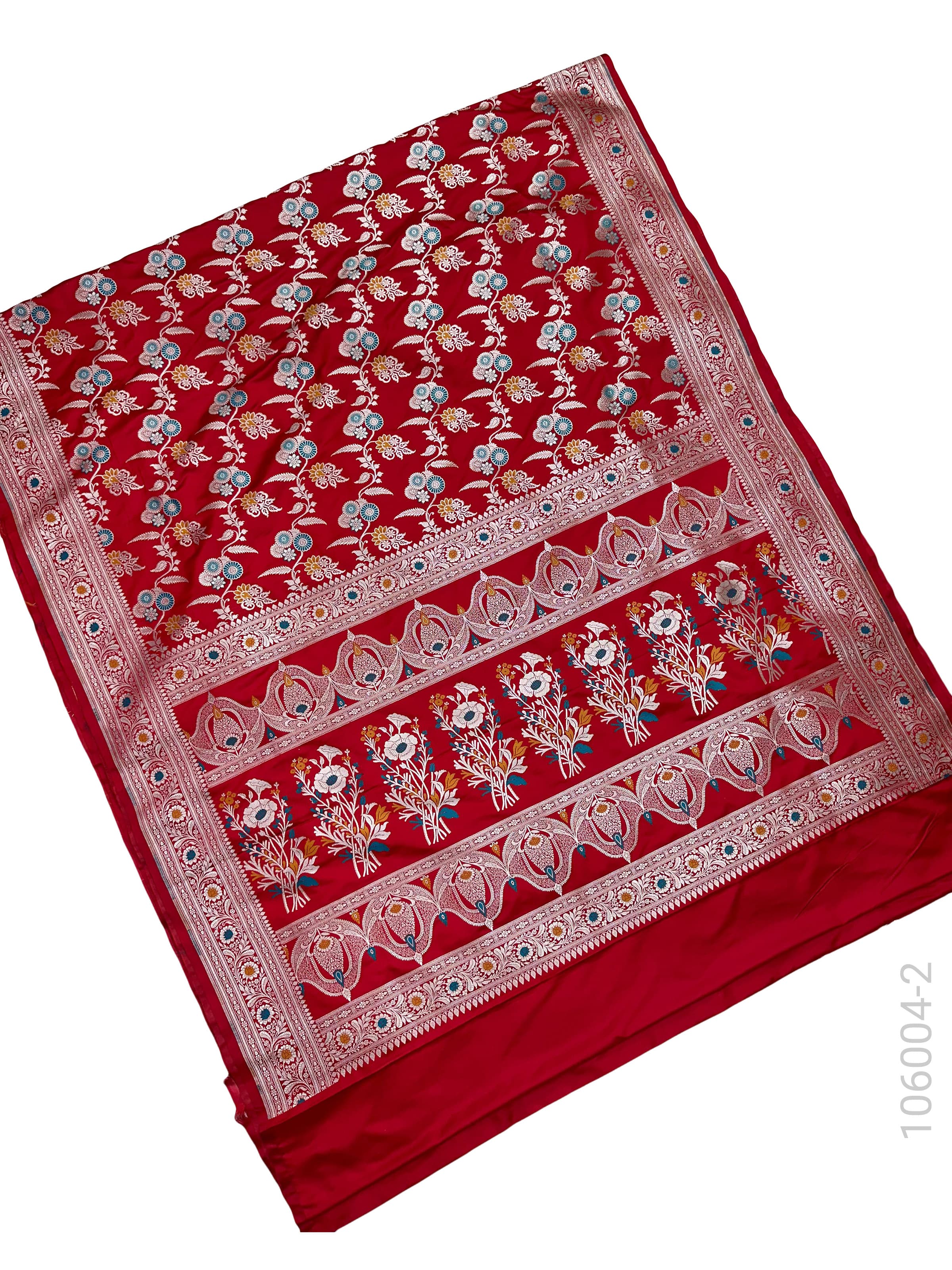 Red mashru silk resham and zari alfi jaal saree
