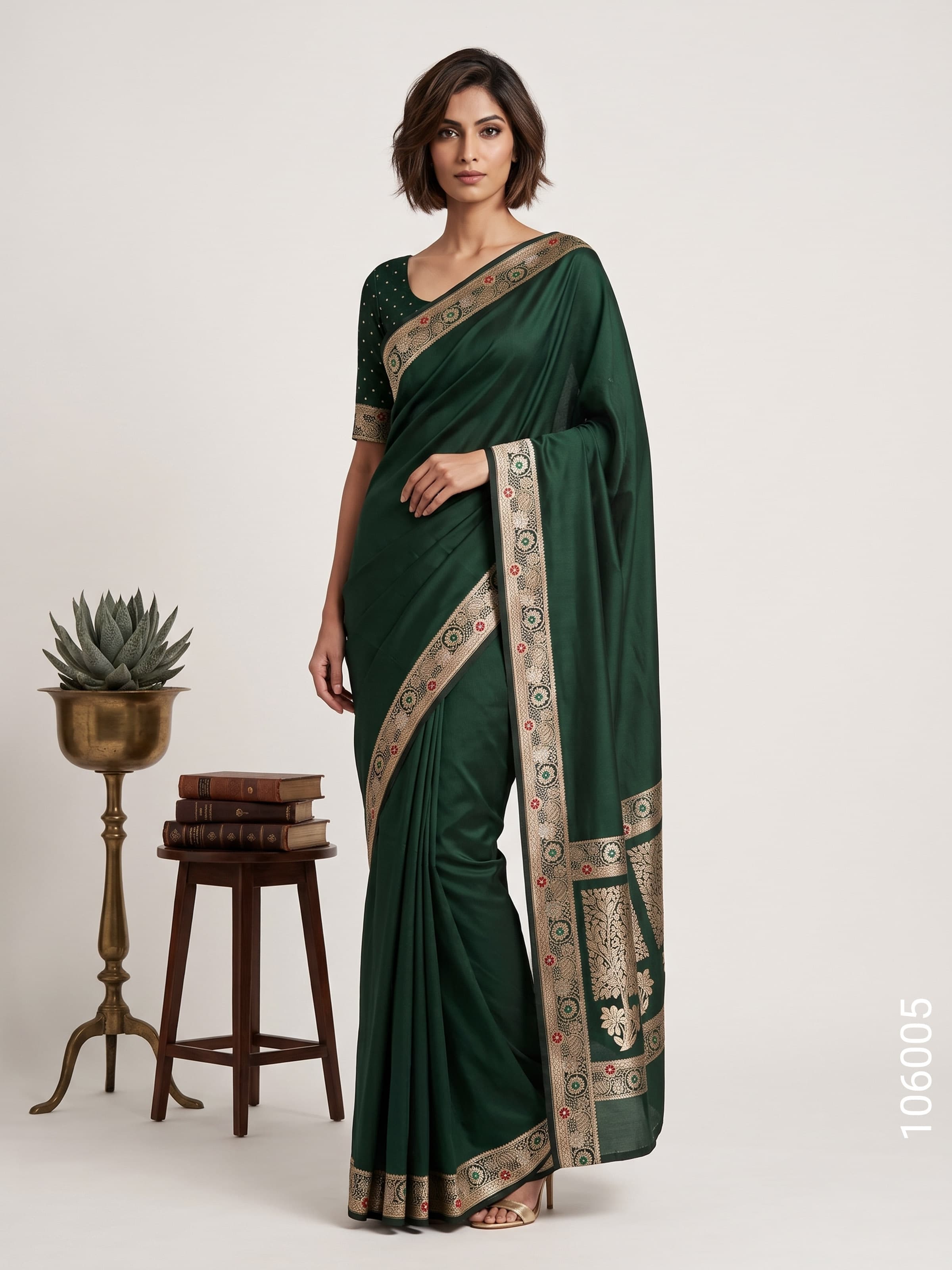 Emerald Green mashru silk resham and zari designer border saree