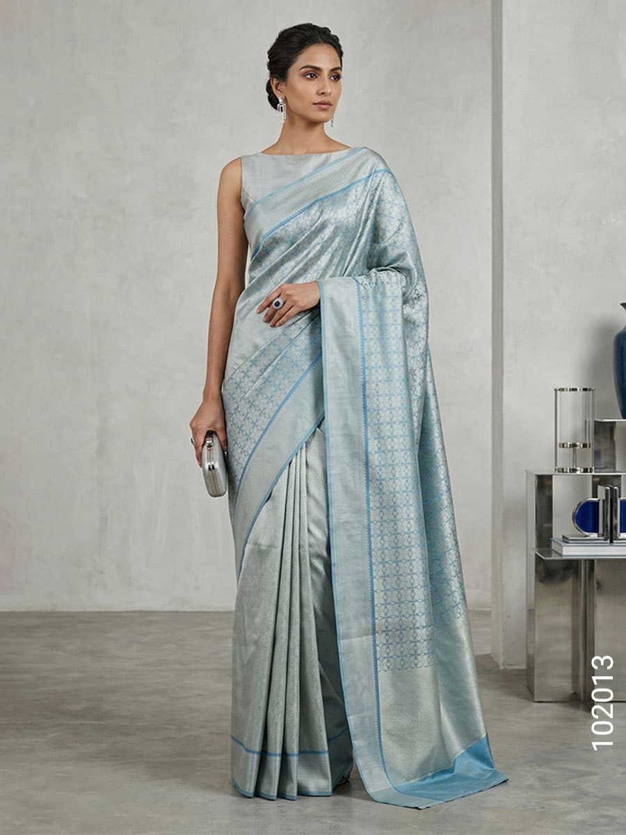 Silver Blue art silk zari jamdani saree