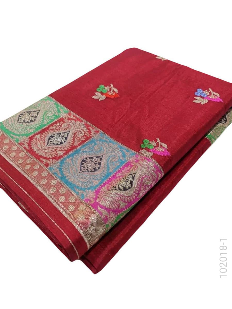 Red mashru silk resham and zari designer saree