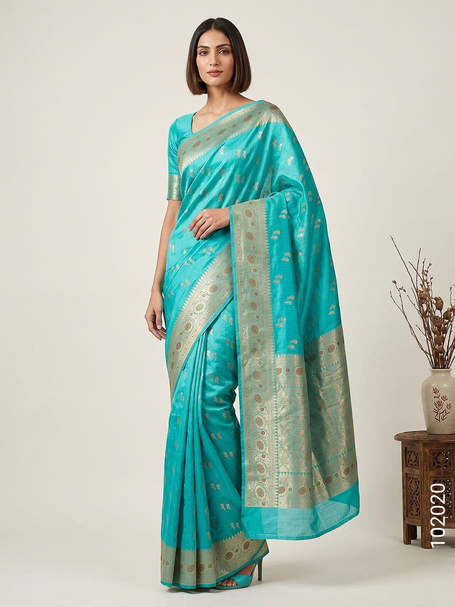 Turquoise viscose resham and zari designer saree