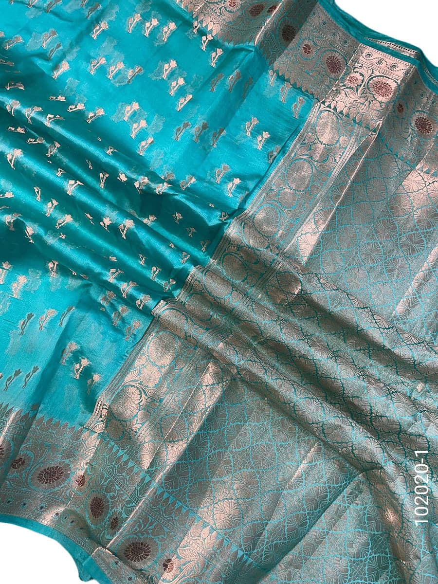 Turquoise viscose resham and zari designer saree