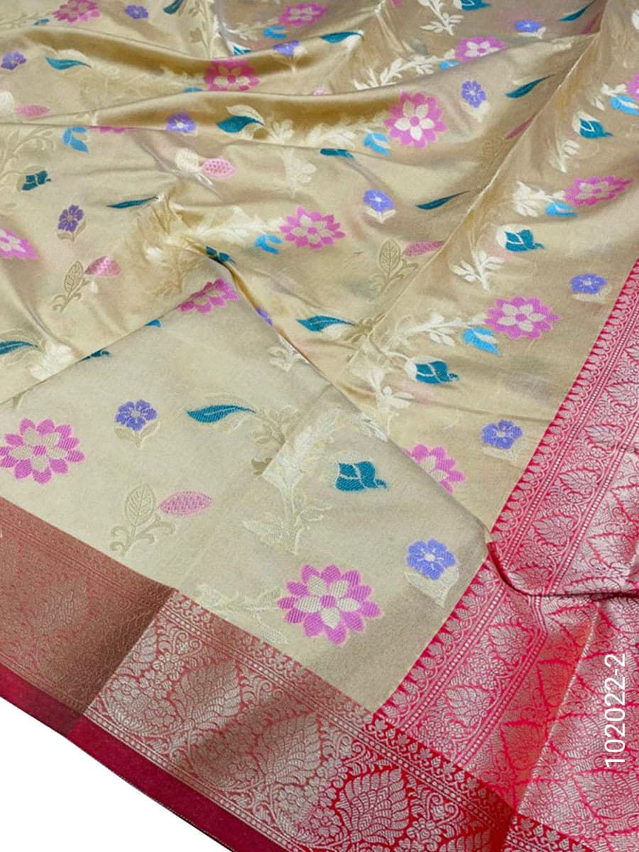 Beige cotton resham and zari jaal saree