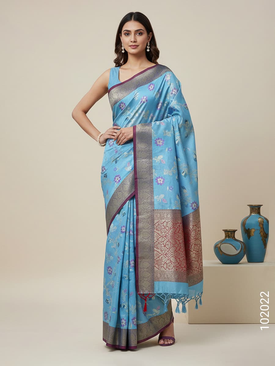 Firozi cotton resham and zari jaal saree