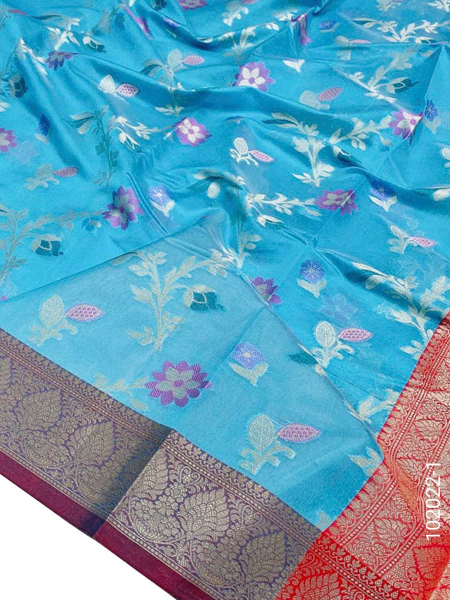 Firozi cotton resham and zari jaal saree