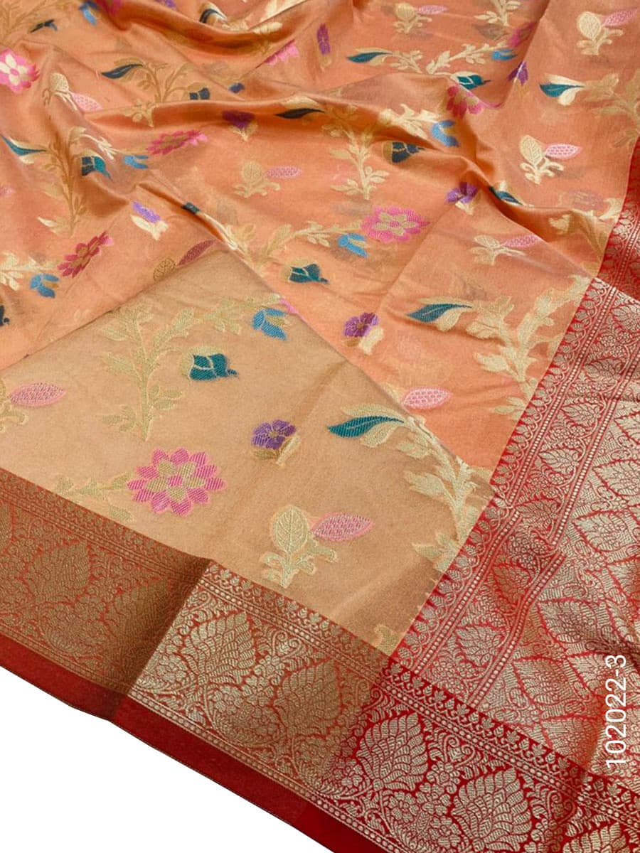 Peach cotton resham and zari jaal saree