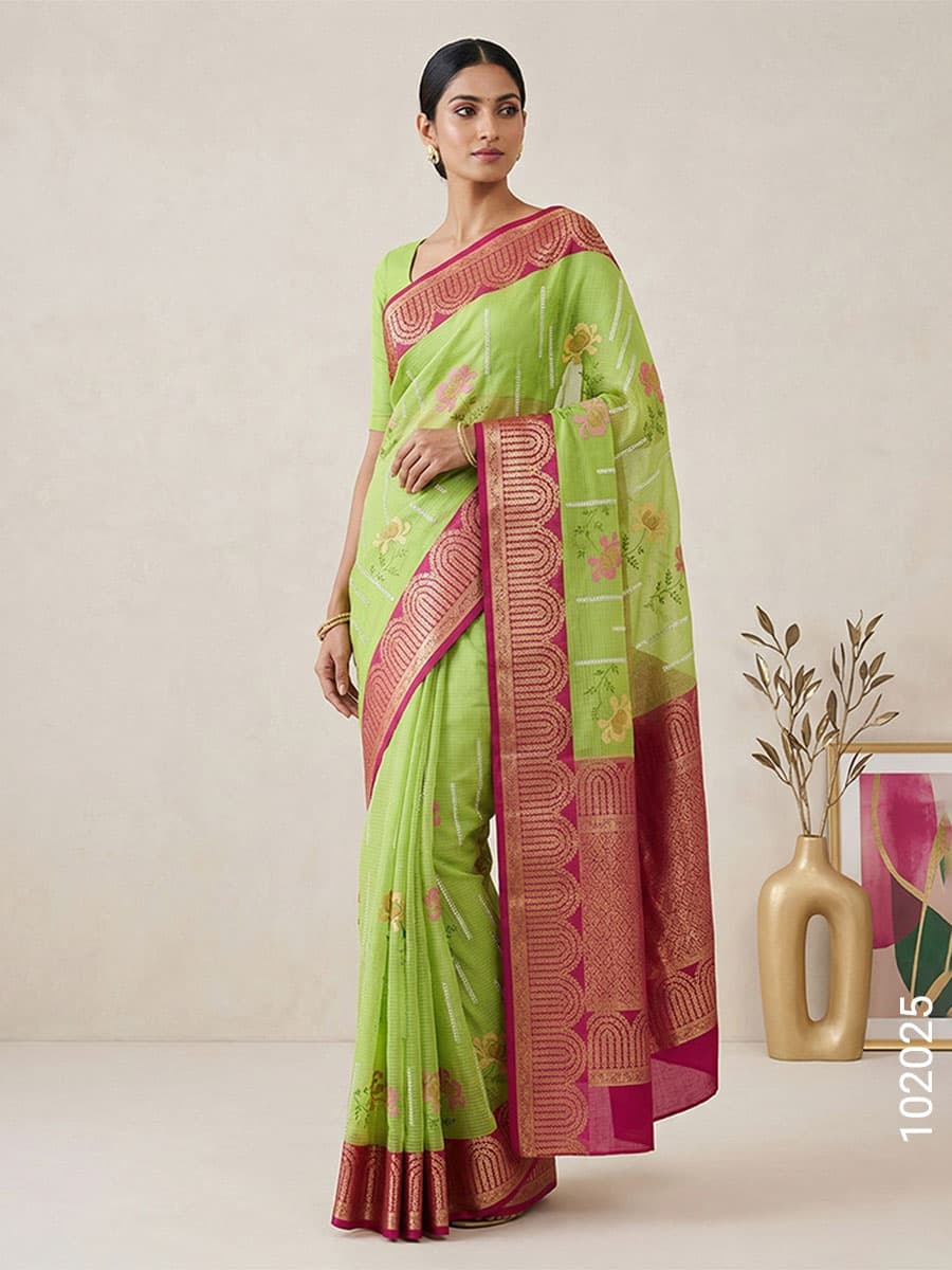 Green cotton embroidery kota checks saree