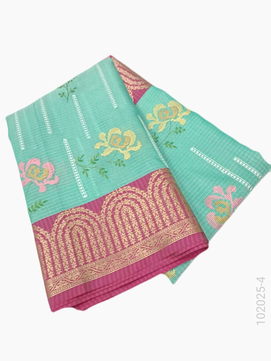Turquoise cotton embroidery kota checks saree