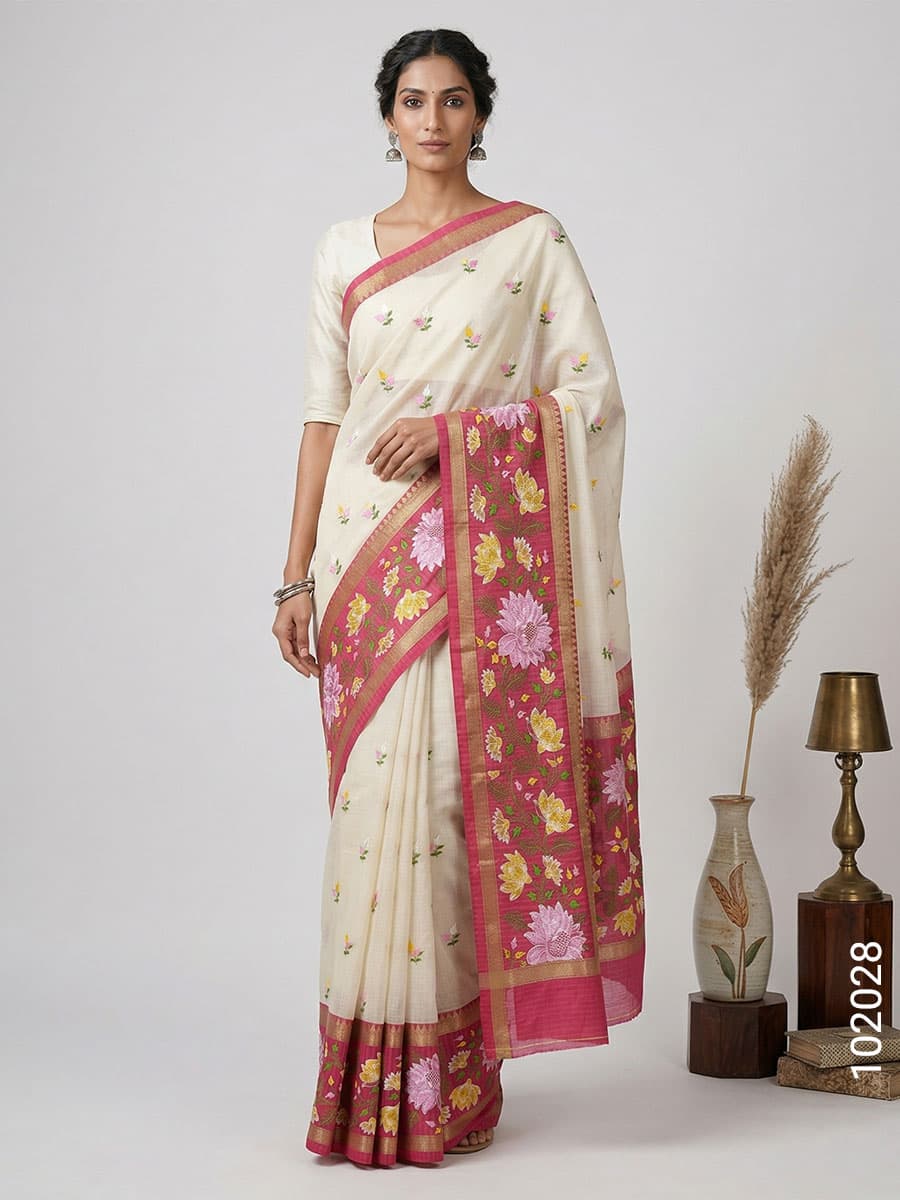 Beige cotton embroidery kota checks saree