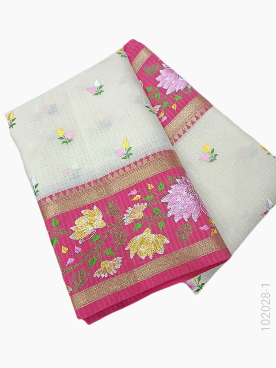 Beige cotton embroidery kota checks saree