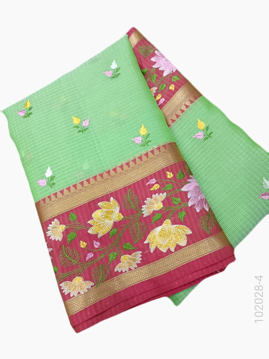 Green cotton embroidery kota checks saree