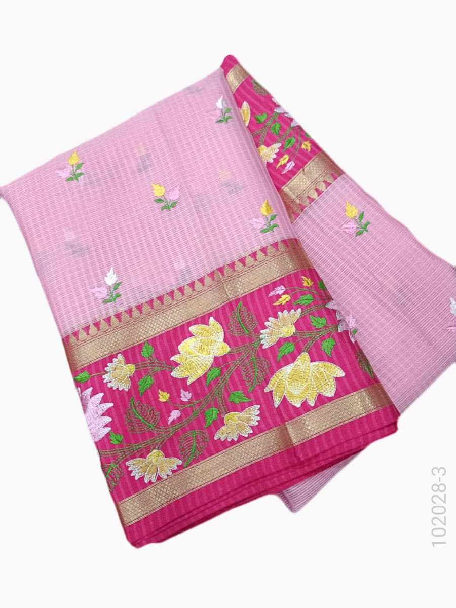 Pink cotton embroidery kota checks saree