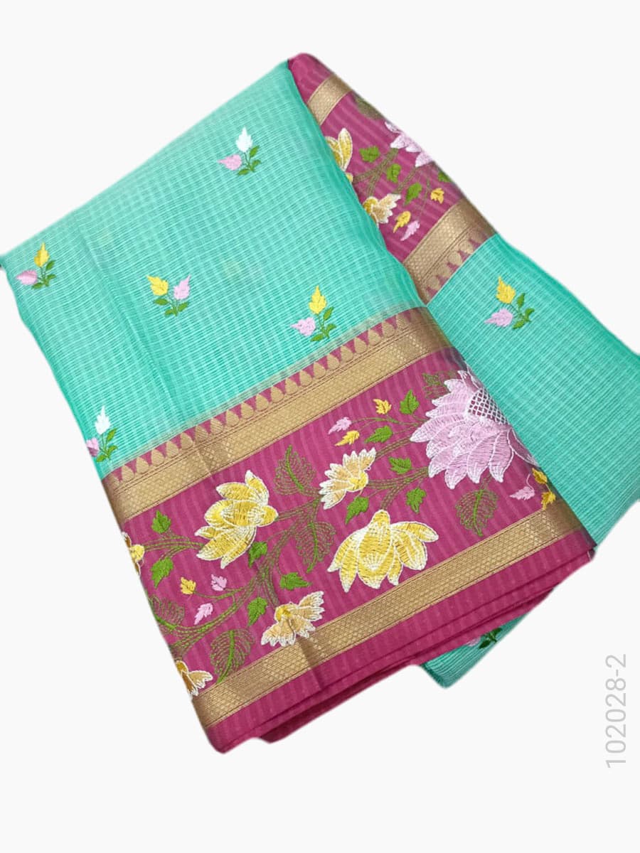 Turquoise cotton embroidery kota checks saree