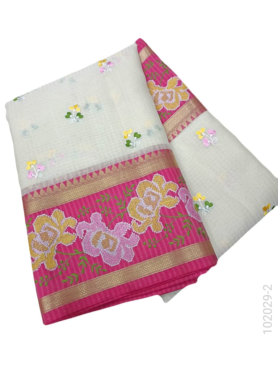 Beige cotton embroidery kota checks saree