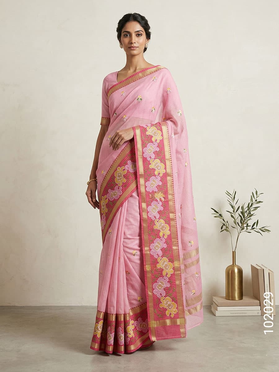 Pink cotton embroidery kota checks saree