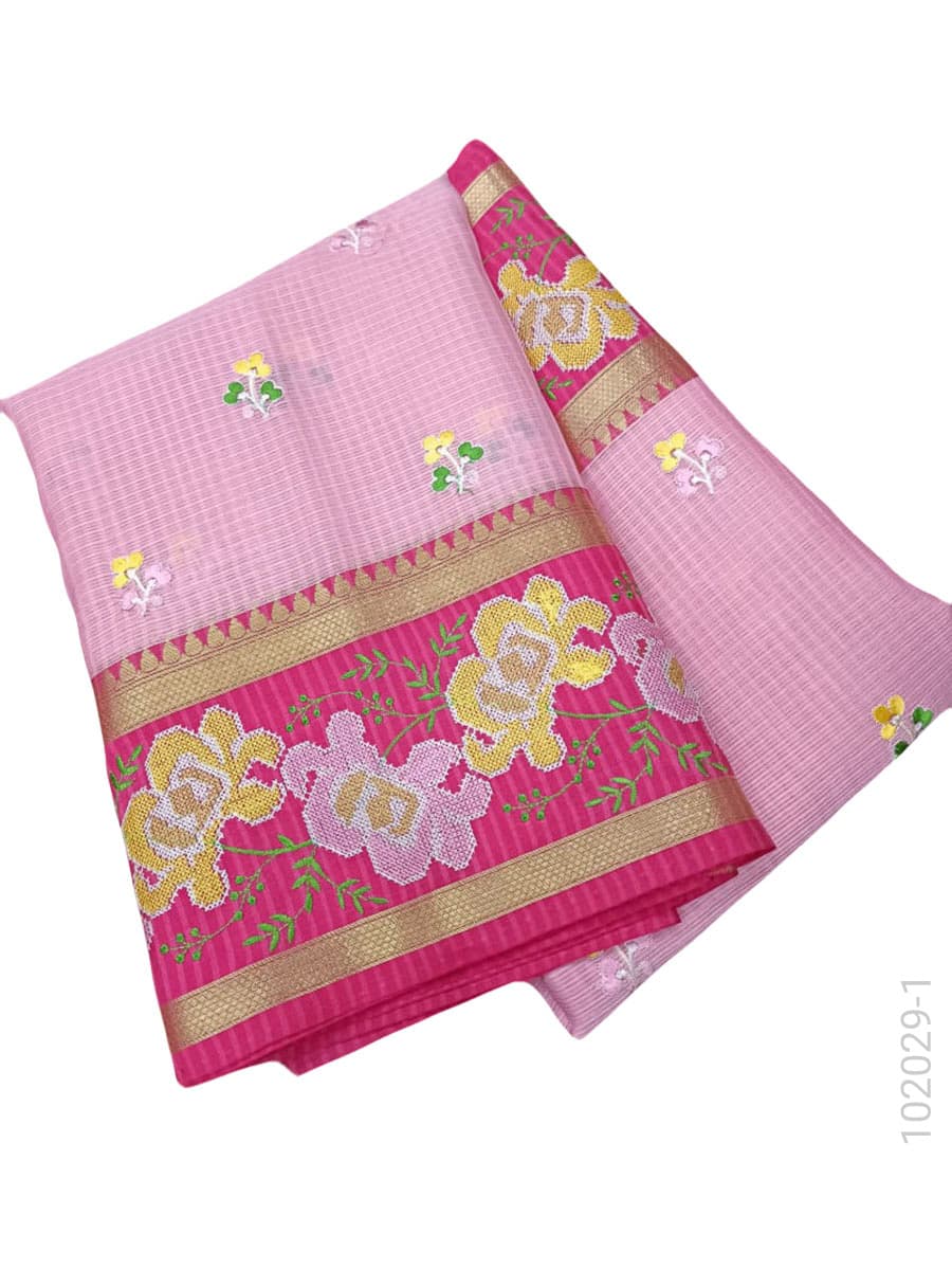Pink cotton embroidery kota checks saree