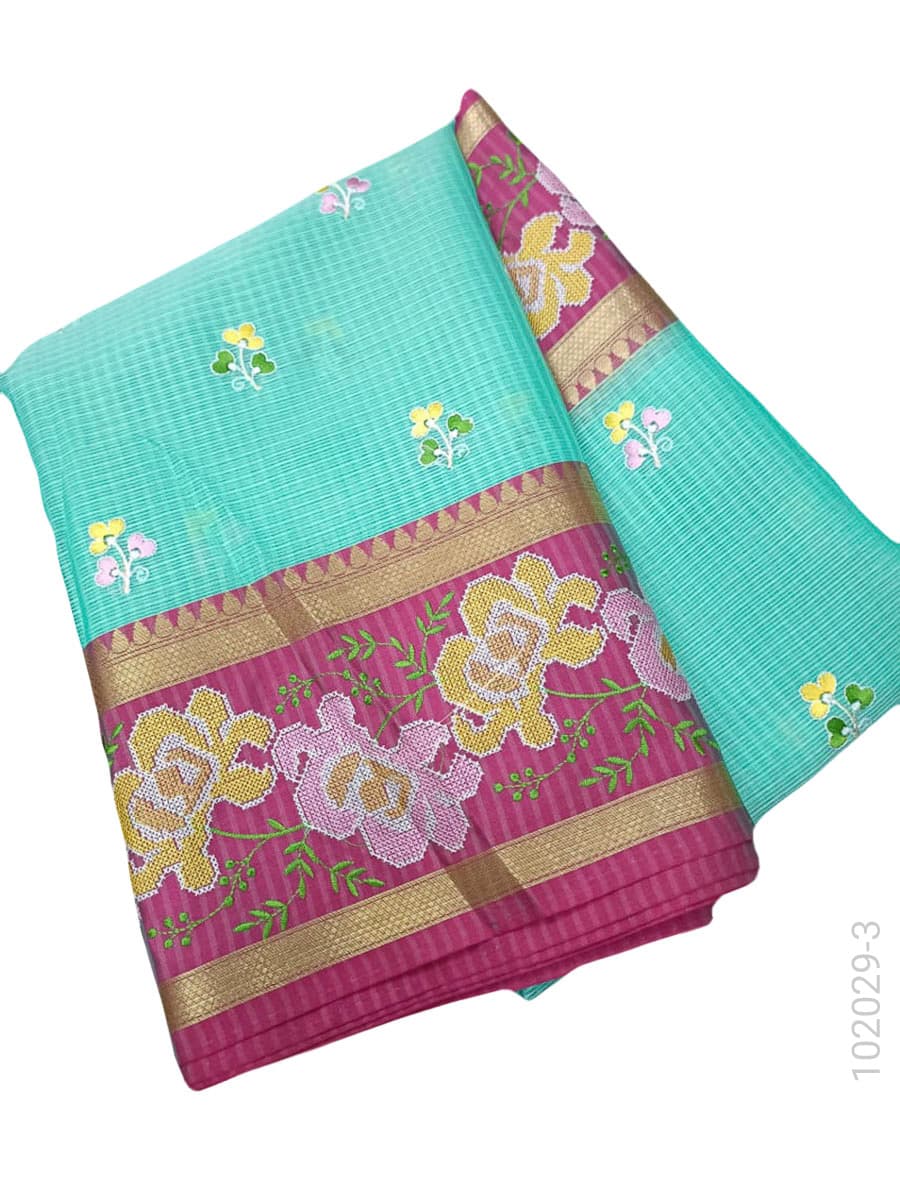 Pink cotton embroidery kota checks saree