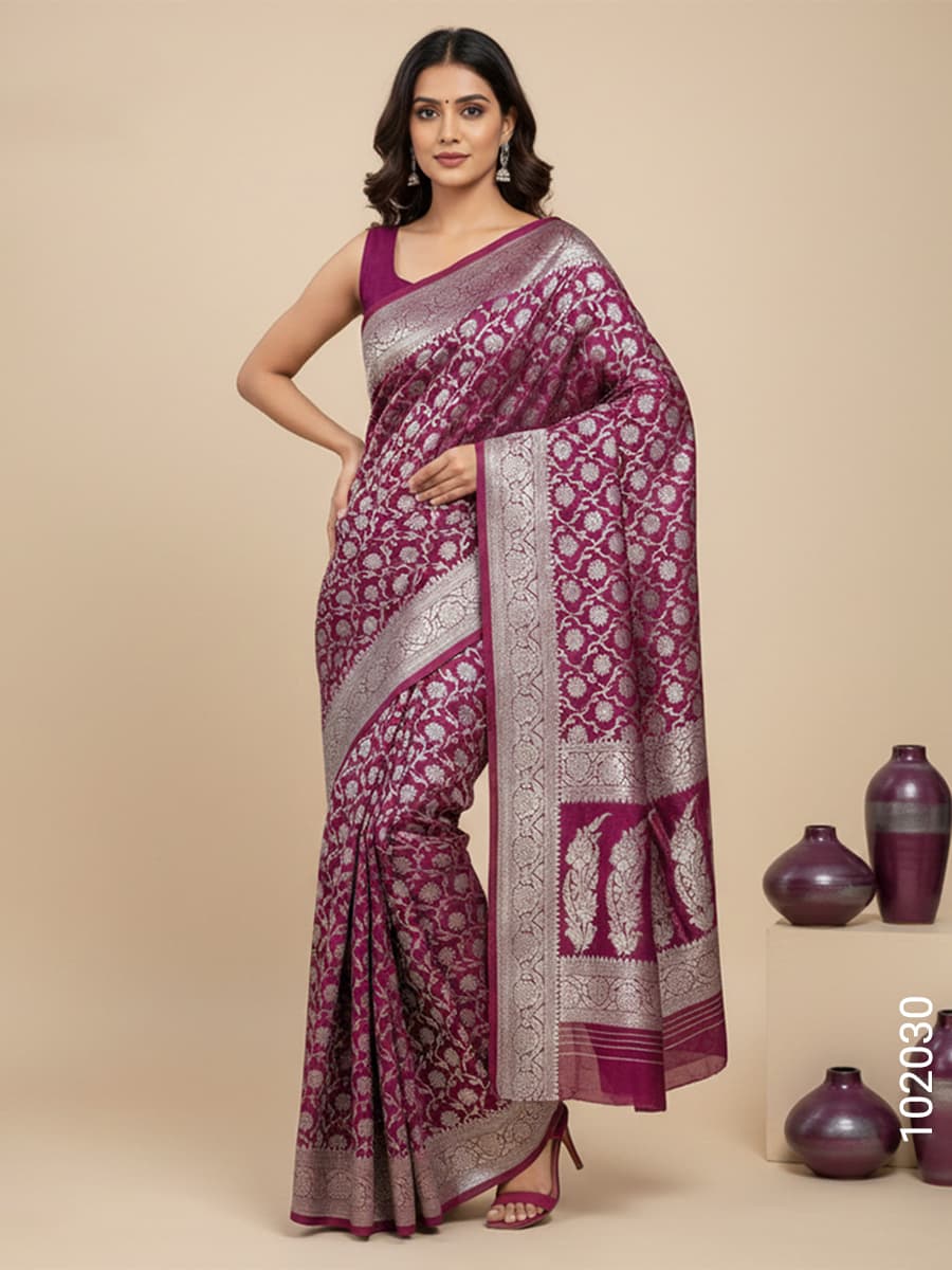 Violet katan silk zari jaal saree