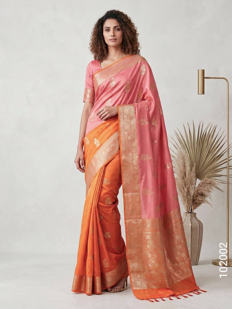 Peach soft silk zari buta saree