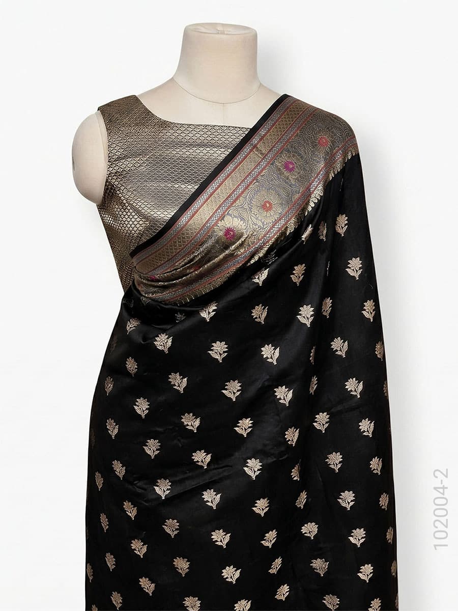 Black soft silk resham and zari buti saree