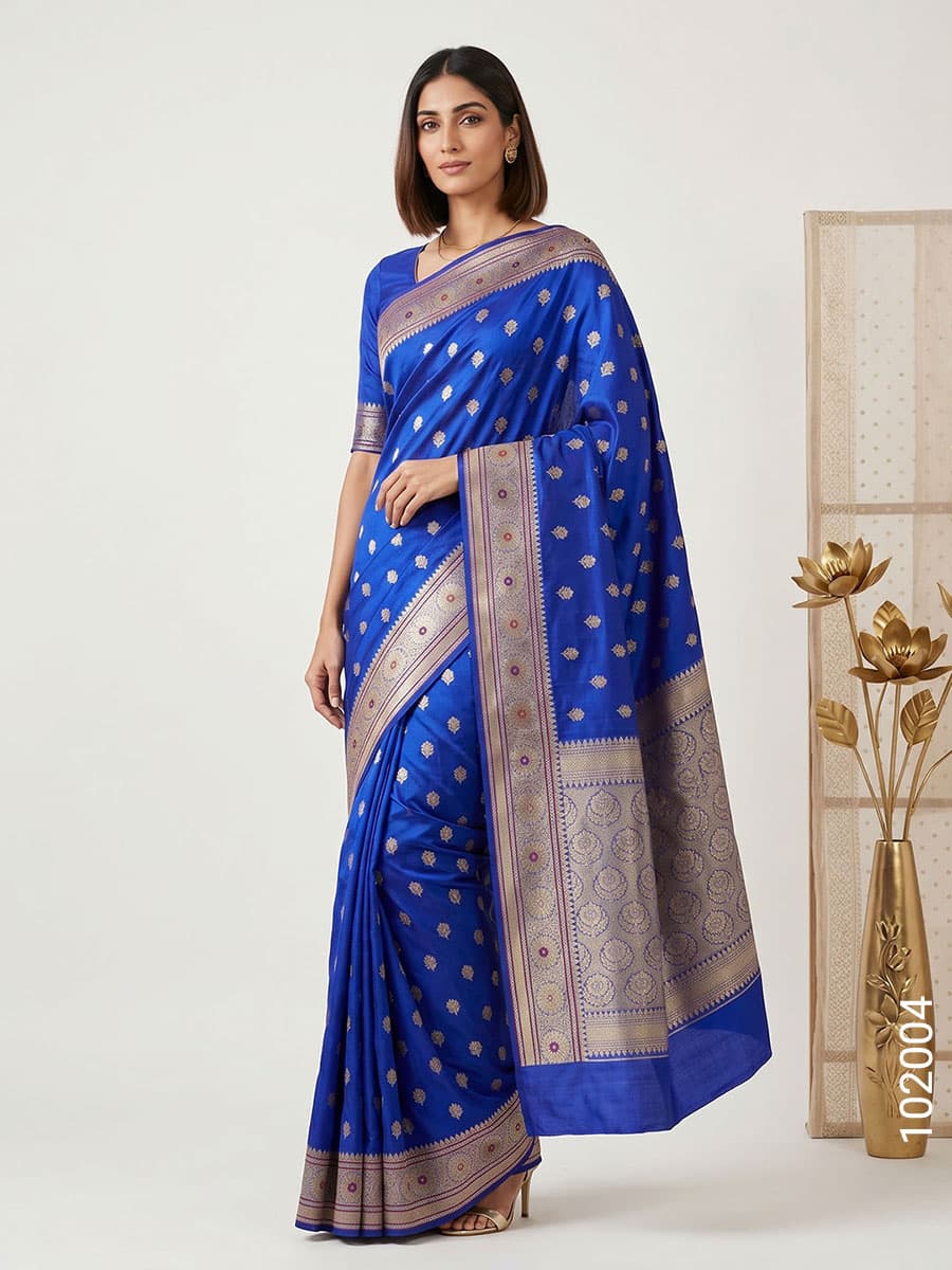 Blue soft silk resham and zari buti saree