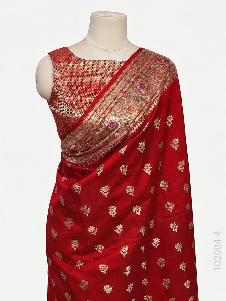 Red soft silk resham and zari buti saree
