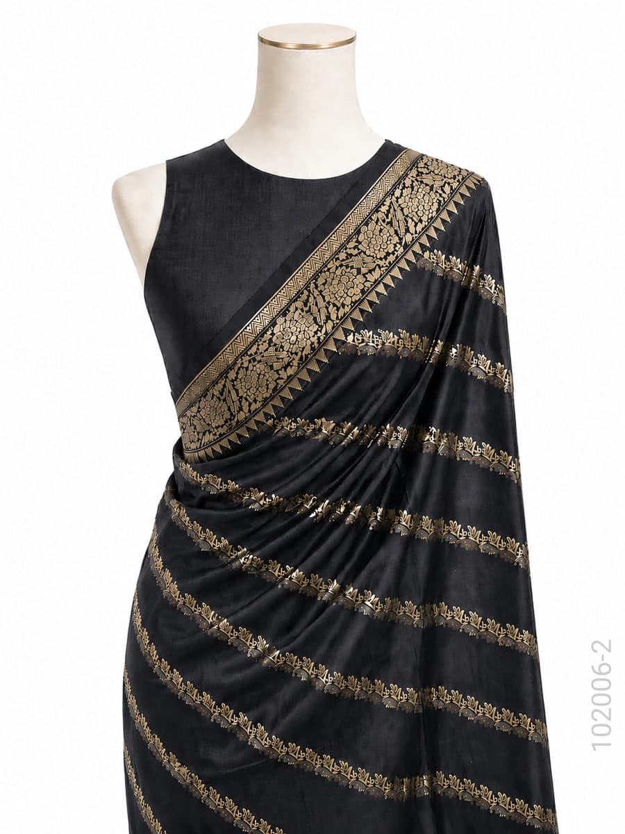 Black katan silk zari diagonal stripe saree