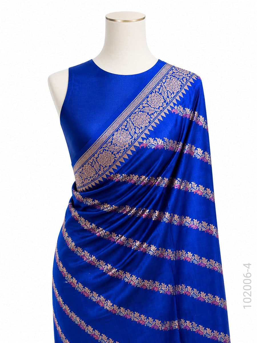 Blue katan silk zari diagonal stripe saree