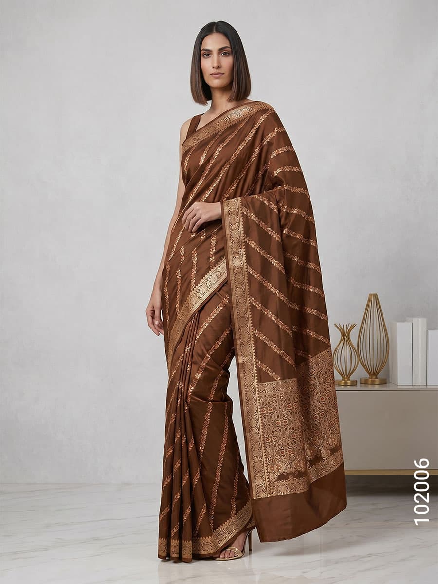 Brown katan silk zari diagonal stripe saree