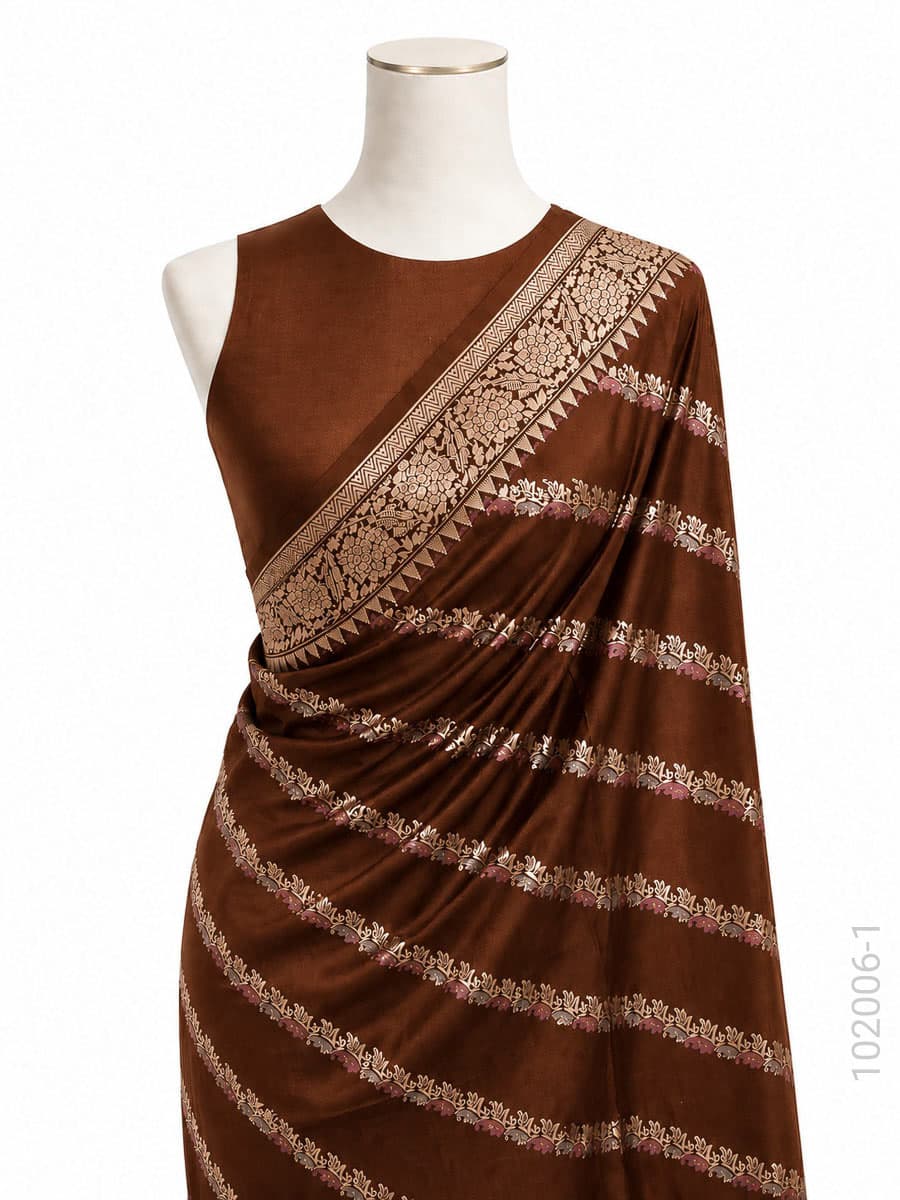 Brown katan silk zari diagonal stripe saree