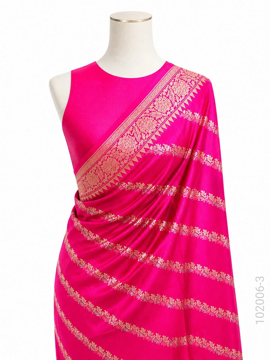 Magenta katan silk zari diagonal stripe saree