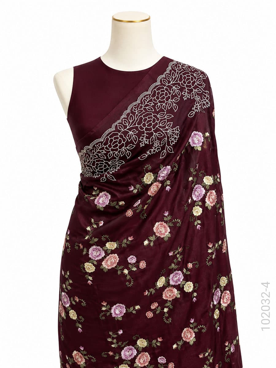Mauve kora organza embroidery floral saree